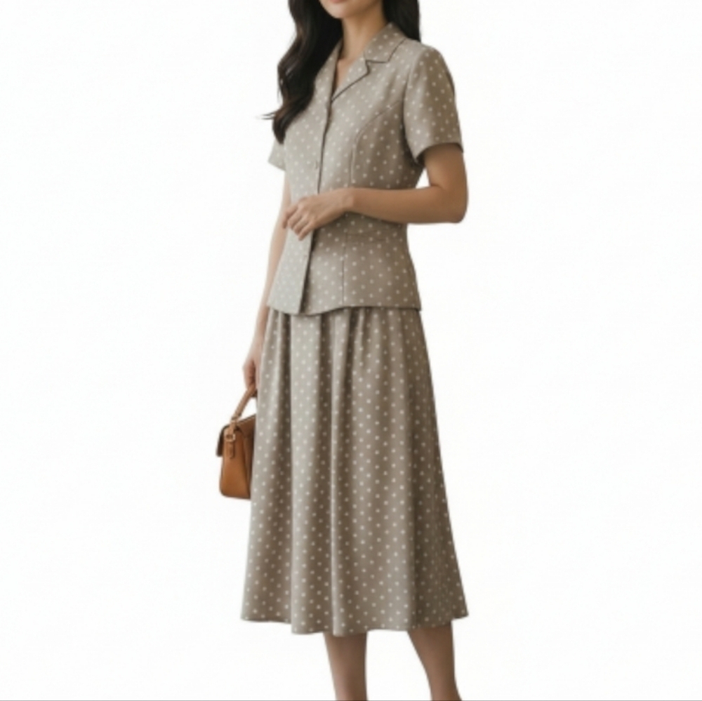 Sag Harbor Midi Skirt Suit Size S Beige Polka Dot Short Sleeve Blouse Pockets